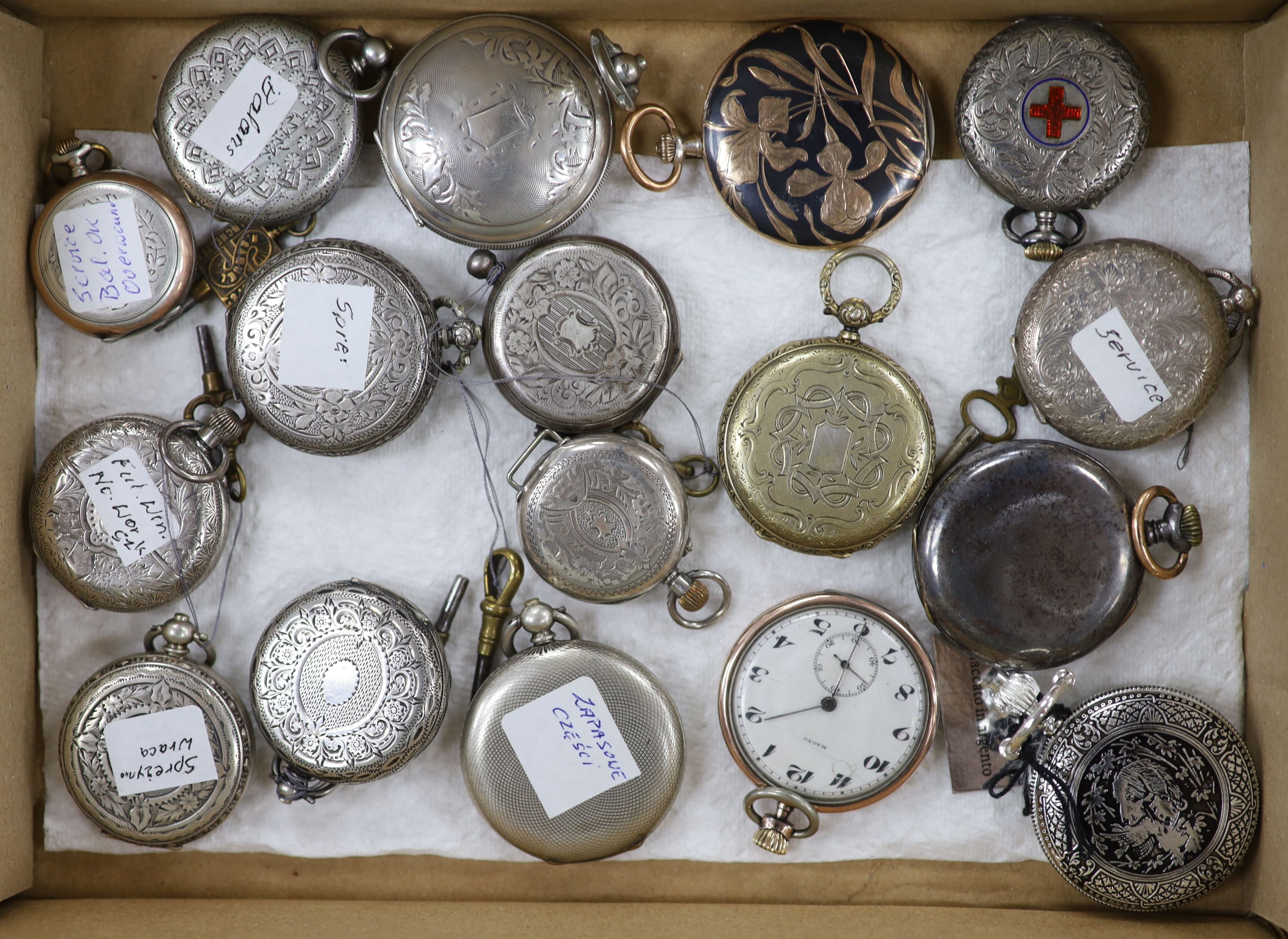 A collection of seventeen assorted, mainly lady’s white and base metal pocket watches, including Zenith.